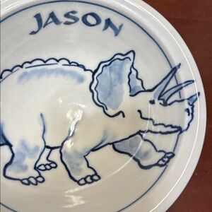 Ward Pottery bowl hand-painted design of a Triceratops dinosaur with “Jason”